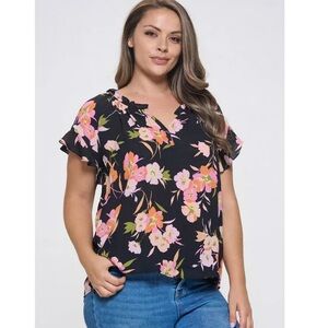 Beacon Apparel Eliza Top Ruffle Short Sleeve Black Pink Floral‎ NWOT, Size Small